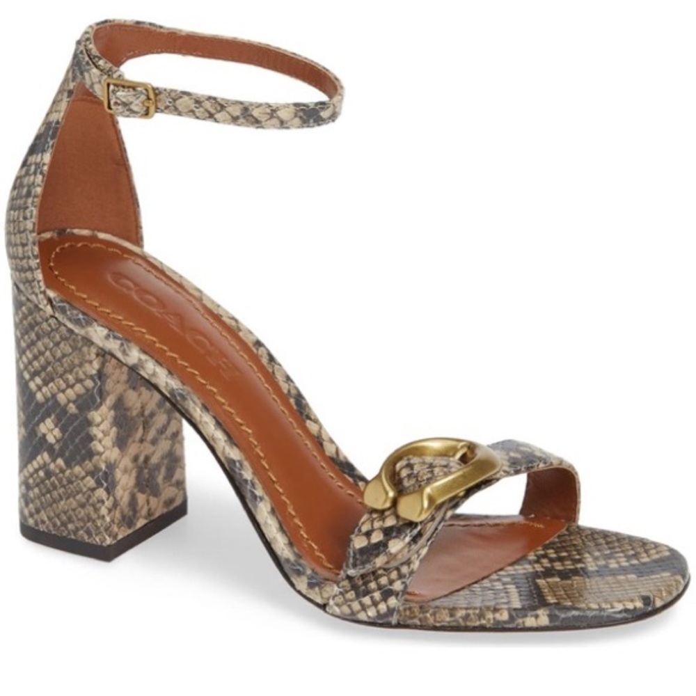 COACH snake print ankle strap block heels